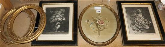 Early floral embroidered picture, 2 still life prints and 2 gilt oval frames